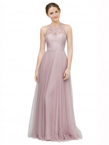 Outlet High Neck Long Tulle Bridesmaid Dress with Lace Bodice