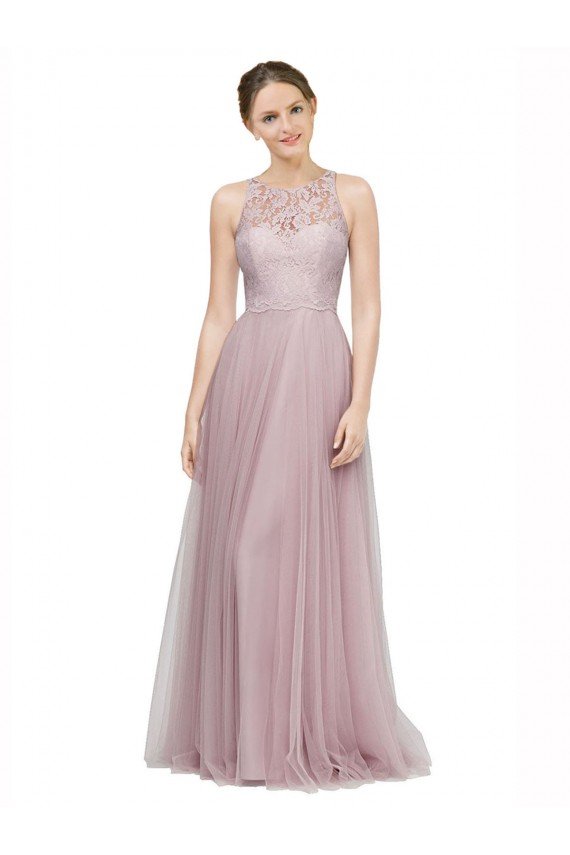Outlet High Neck Long Tulle Bridesmaid Dress with Lace Bodice