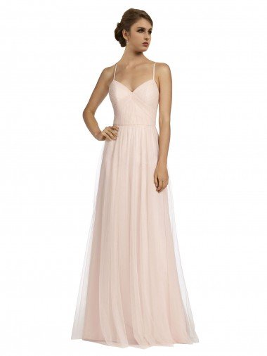 Outlet Long Draped Back A-Line Tulle Bridesmaid Dress with Pleated Bodice