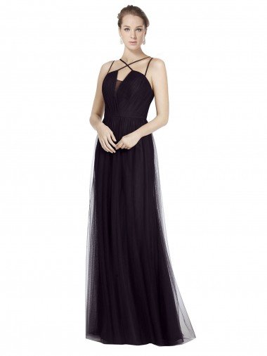 Outlet High Neck Long A-Line Tulle Bridesmaid Dress