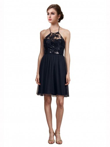 Outlet High Neck Illusion Bodice Bridesmaids Dress
