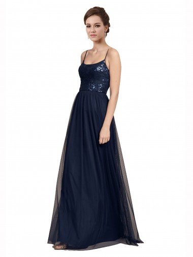 Outlet Spaghetti Strap Tulle Bridesmaids Dress with Ballerina Neckline