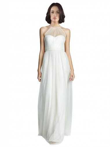 Outlet High Neckline Long Tulle Bridesmaid Dress with Illusion Front