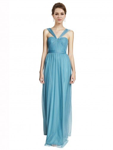 Outlet Floor Length Inverted V-Neck Tulle Bridesmaids Dress