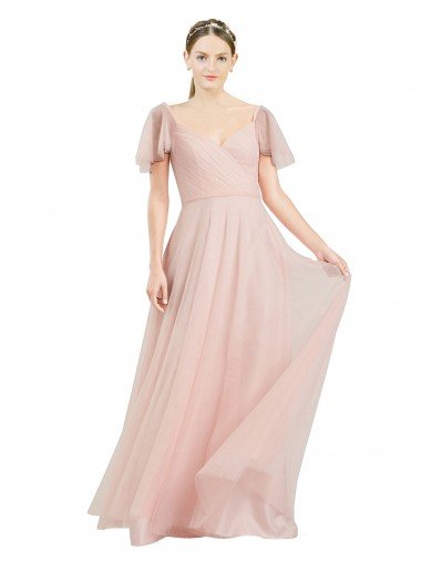 Outlet Long V-Neck Flutter Sleeves Tulle Bridesmaid Dress