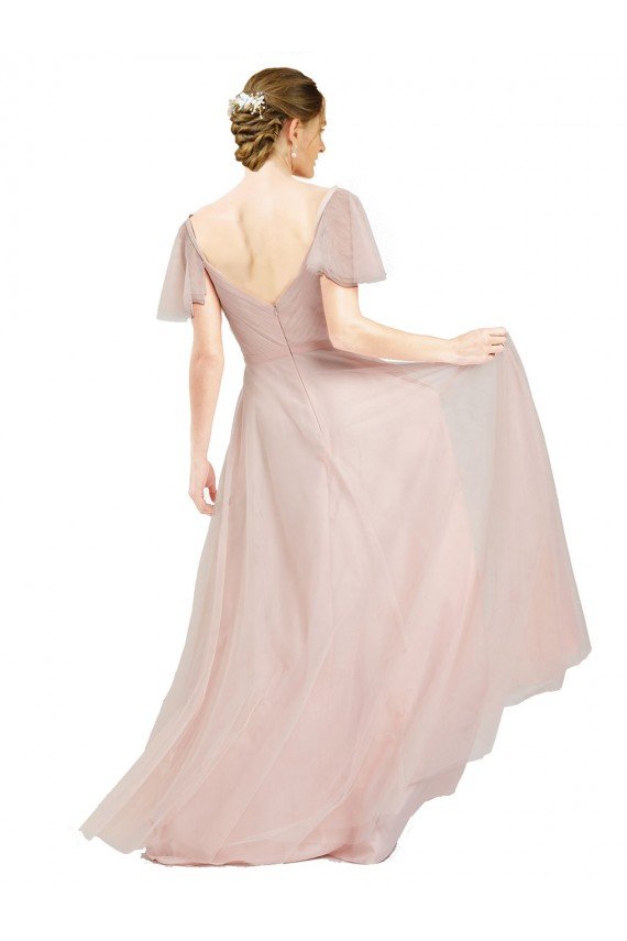 Outlet Long V-Neck Flutter Sleeves Tulle Bridesmaid Dress
