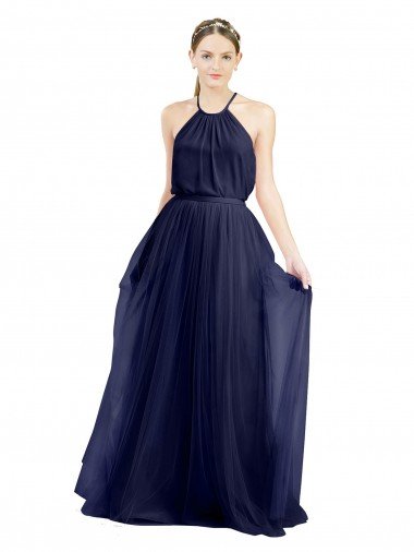 Outlet Long A-Line High Neck Halter Tulle Bridesmaid Dress