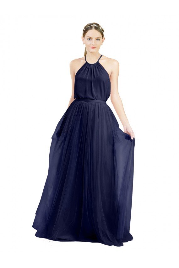 Outlet Long A-Line High Neck Halter Tulle Bridesmaid Dress