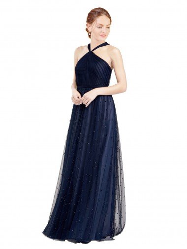 Outlet Floor Length Long Halter Pleated Tulle Bridesmaid Dress