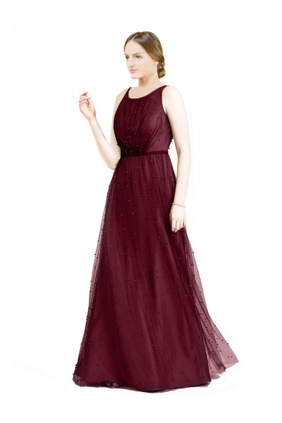 Outlet Sleeveless Boat Neck Long Pearl Tulle Bridesmaid Dress with Keyhole Back
