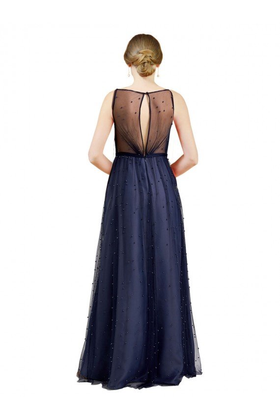 Outlet Sleeveless Boat Neck Long Pearl Tulle Bridesmaid Dress with Keyhole Back