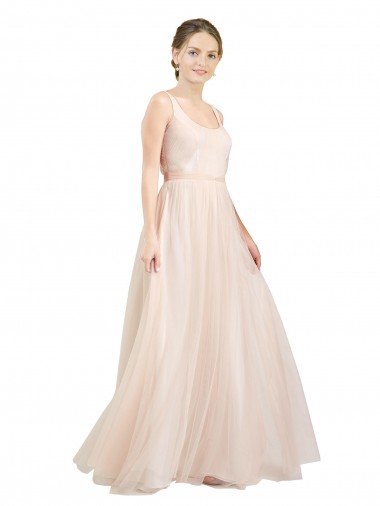 Outlet Scooped Neckline Long Tulle Bridesmaid Dress with Open Back
