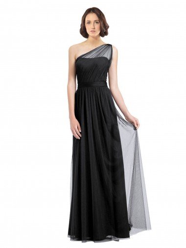 Outlet Ruched Long Soft Tulle Bridesmaid Dress with Sheer Netting Shoulder Strap