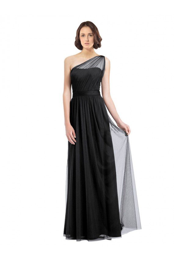 Outlet Ruched Long Soft Tulle Bridesmaid Dress with Sheer Netting Shoulder Strap