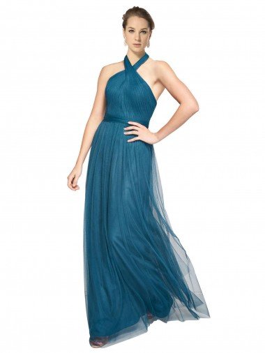 Outlet High Neck Halter Pleated A-Line Tulle Bridesmaid Dress