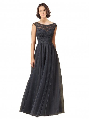 Outlet Long Bateau Tulle Bridesmaid Dress with Lace Bodice