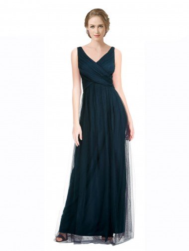 Outlet Full Length Long Tulle Bridesmaid Dress with V-Neck Criss-Cross Ruched Top