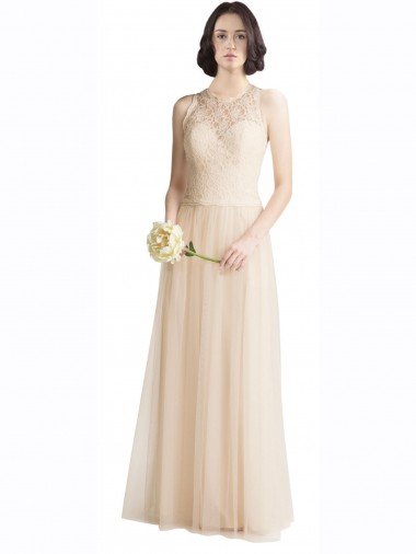 Outlet Full Length Tulle Bridesmaid Dress with Corded Lace Over Sweetheart Neckline