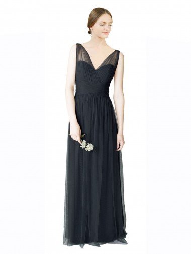 Outlet Long Tulle Bridesmaid Dress with Illusion Shoulder Straps and V-Back