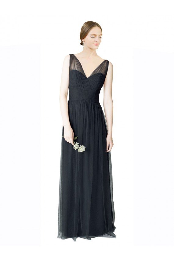 Outlet Long Tulle Bridesmaid Dress with Illusion Shoulder Straps and V-Back