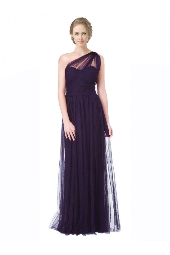 Outlet One Shoulder Long Tulle Bridesmaid Gown with Sheer Netting Strap