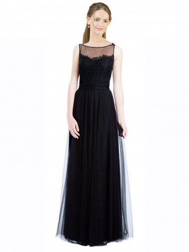 Outlet Full Length Tulle Bridesmaid Dress with Lace Bodice and Soft Tulle Illusion Top