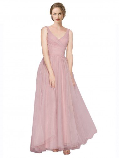 Outlet Long Floor Length Wide Strap Plunge Cross Over Neckline Tulle Bridesmaid Dress