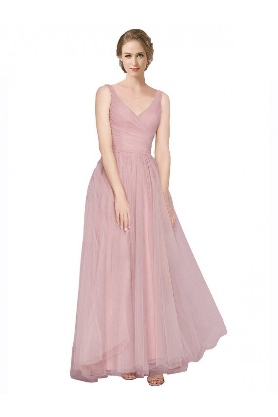 Outlet Long Floor Length Wide Strap Plunge Cross Over Neckline Tulle Bridesmaid Dress