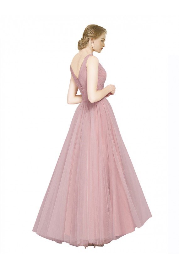 Outlet Long Floor Length Wide Strap Plunge Cross Over Neckline Tulle Bridesmaid Dress