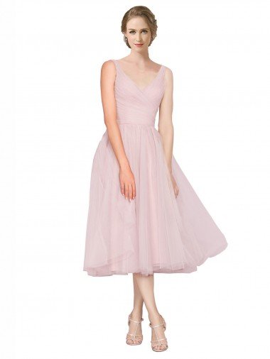 Outlet Short Tea Length Wide Strap Plunge Cross Over Neckline Tulle Cocktail Bridesmaid Dress