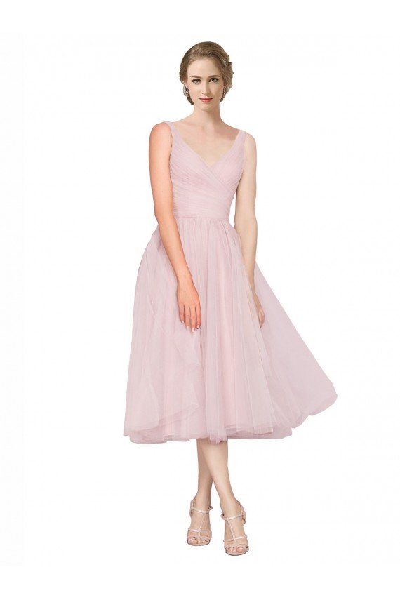 Outlet Short Tea Length Wide Strap Plunge Cross Over Neckline Tulle Cocktail Bridesmaid Dress