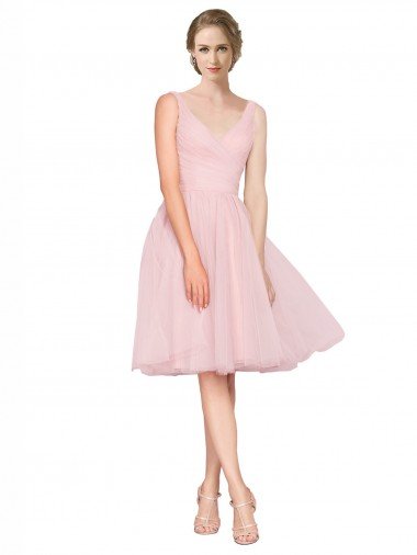 Outlet Short Knee Length Wide Strap Plunge Cross Over Neckline Tulle Cocktail Bridesmaid Dress