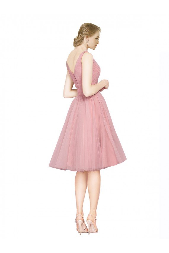 Outlet Short Knee Length Wide Strap Plunge Cross Over Neckline Tulle Cocktail Bridesmaid Dress