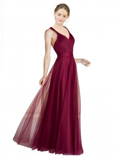 Outlet Long Sweetheart Tulle Bridesmaid Dress with Straps and Criss Cross Back