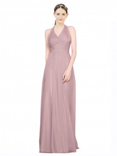 Outlet Ruffled Halter V-Neck Long Tulle Bridesmaid Dress with Pleats