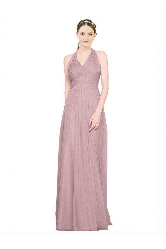 Outlet Ruffled Halter V-Neck Long Tulle Bridesmaid Dress with Pleats