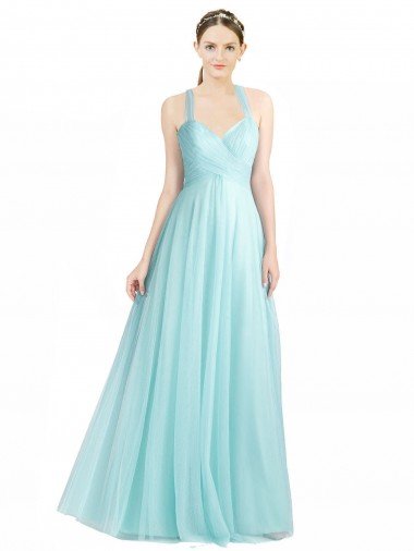 Outlet Ruched Sweetheart Neckline A-Line Tulle Bridesmaid Dress with Tie Open Back