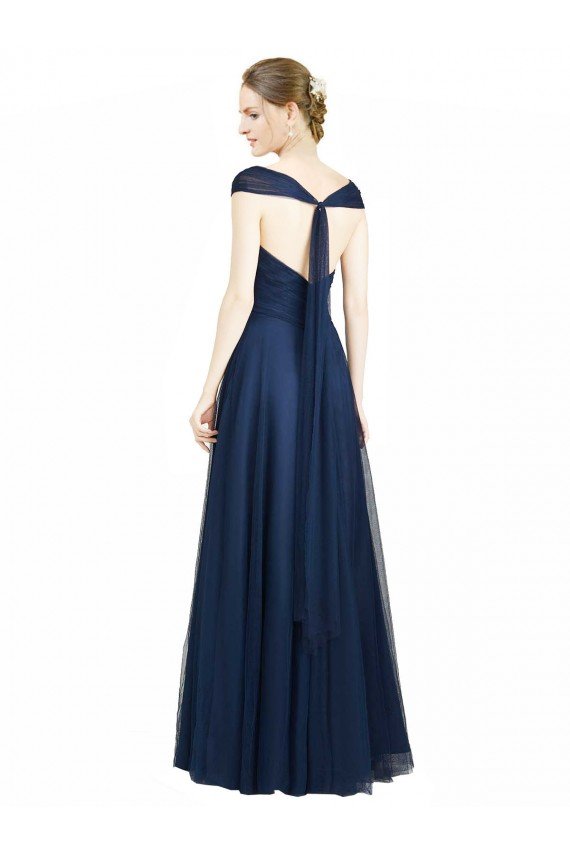 Outlet Ruched Sweetheart Long A-Line Tulle Bridesmaid Dress with Wide Straps and Tie Back