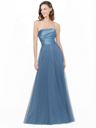 Outlet Long Strapless Bridesmaid Dress with Soft Tulle Overlay