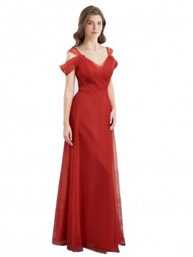 Outlet Cold Shoulder Pleated Wrap Tulle Bridesmaid Dress with Low V-Back