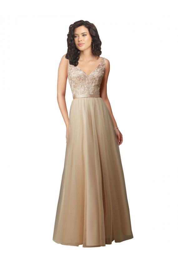 Outlet Long Tulle Bridesmaid Dress with Embroidery and Beading