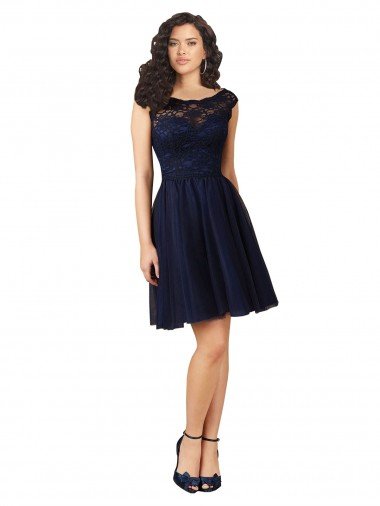 Outlet Short Bateau Neck Tulle Cocktail Bridesmaid Dress with Lace Bodice