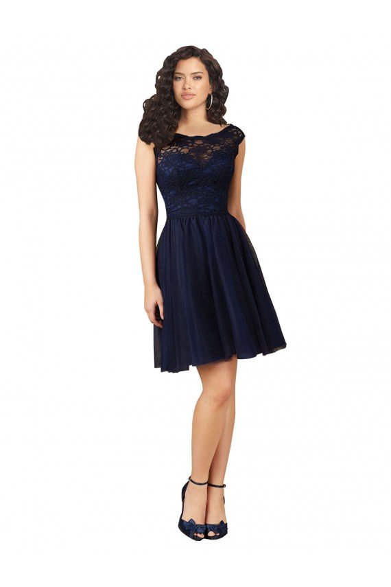 Outlet Short Bateau Neck Tulle Cocktail Bridesmaid Dress with Lace Bodice