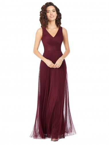 Outlet Long A-Line V-Neck Tulle Bridesmaid Dress