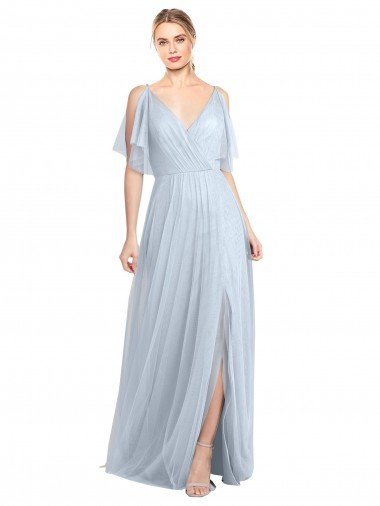 Outlet Floor Length Flutter Sleeves Long Tulle Bridesmaid Dress with Side Slit