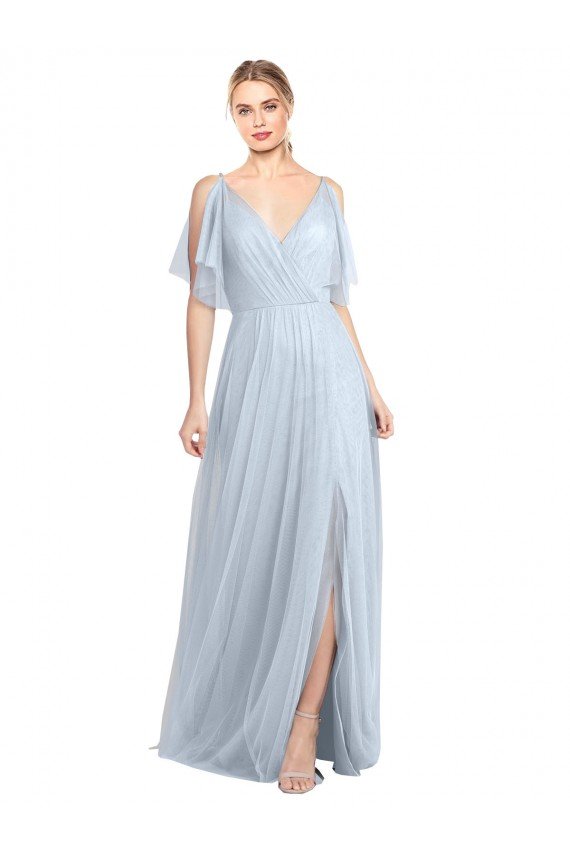 Outlet Floor Length Flutter Sleeves Long Tulle Bridesmaid Dress with Side Slit