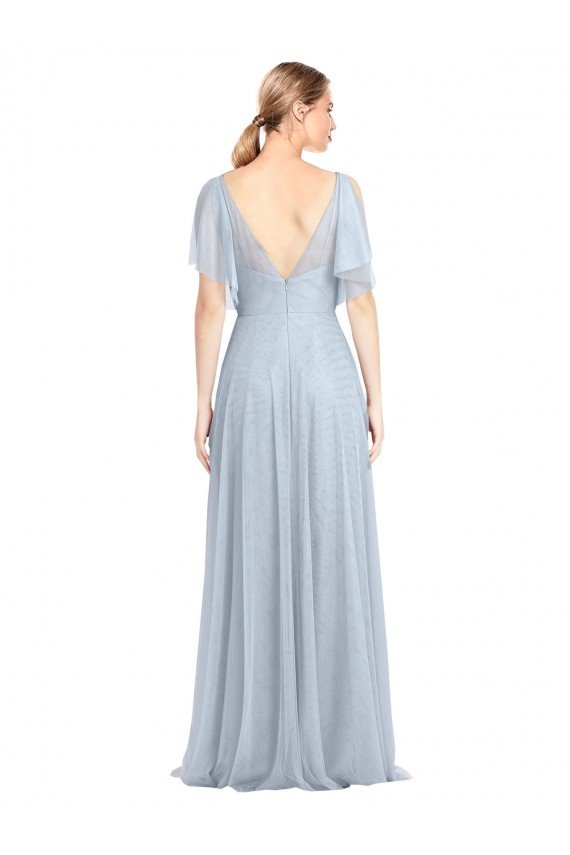 Outlet Floor Length Flutter Sleeves Long Tulle Bridesmaid Dress with Side Slit