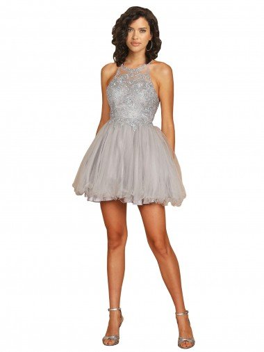 Outlet Halter Neckline Criss Cross Back Short Cocktail Dress with Beaded Lace Bodice