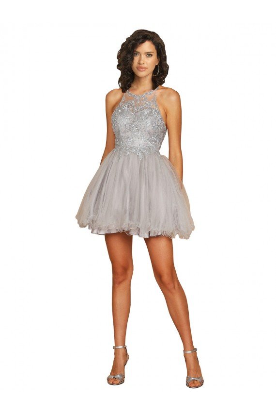 Outlet Halter Neckline Criss Cross Back Short Cocktail Dress with Beaded Lace Bodice