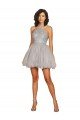 Outlet Halter Neckline Criss Cross Back Short Cocktail Dress with Beaded Lace Bodice
